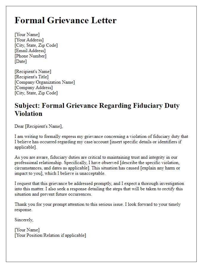 Letter template of formal grievance for fiduciary duty violation