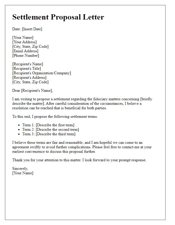 Letter template of settlement proposal for fiduciary matters