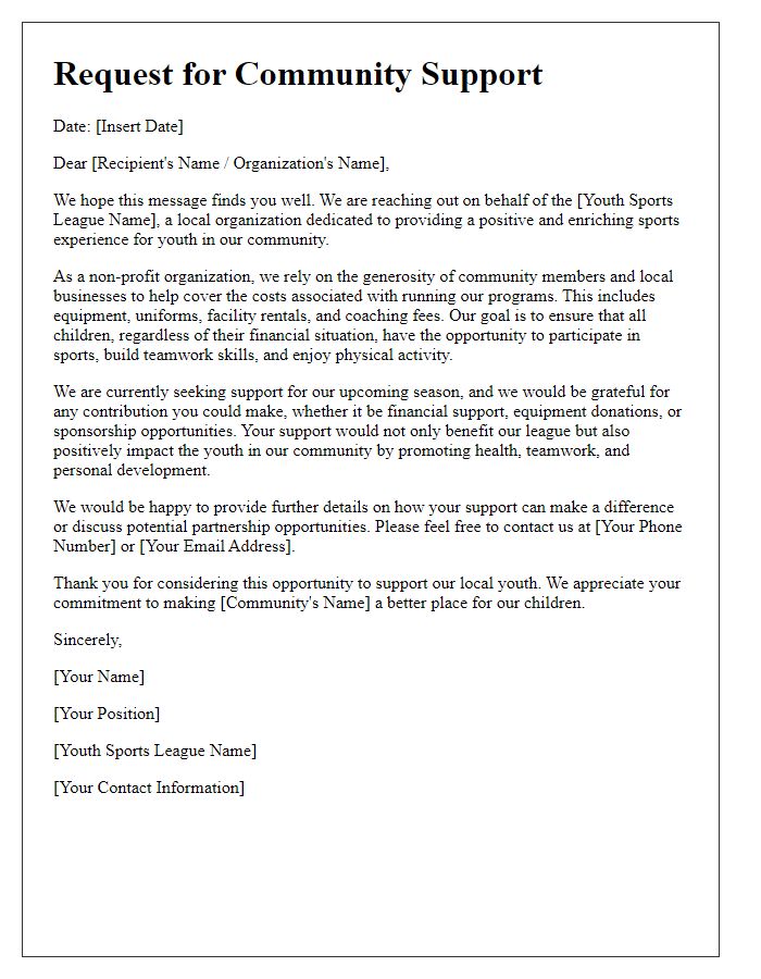 Letter template of community support request for youth sports league.