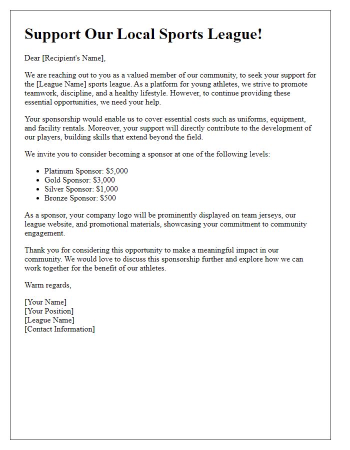 Letter template of fundraising appeal for sports league sponsorship.