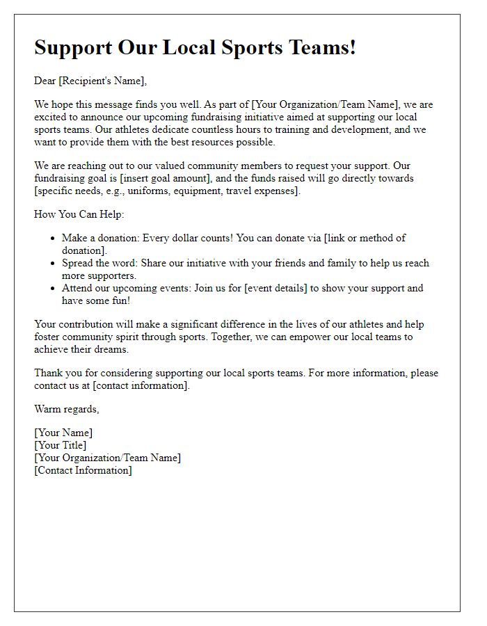 Letter template of fundraising initiative for local sports teams.