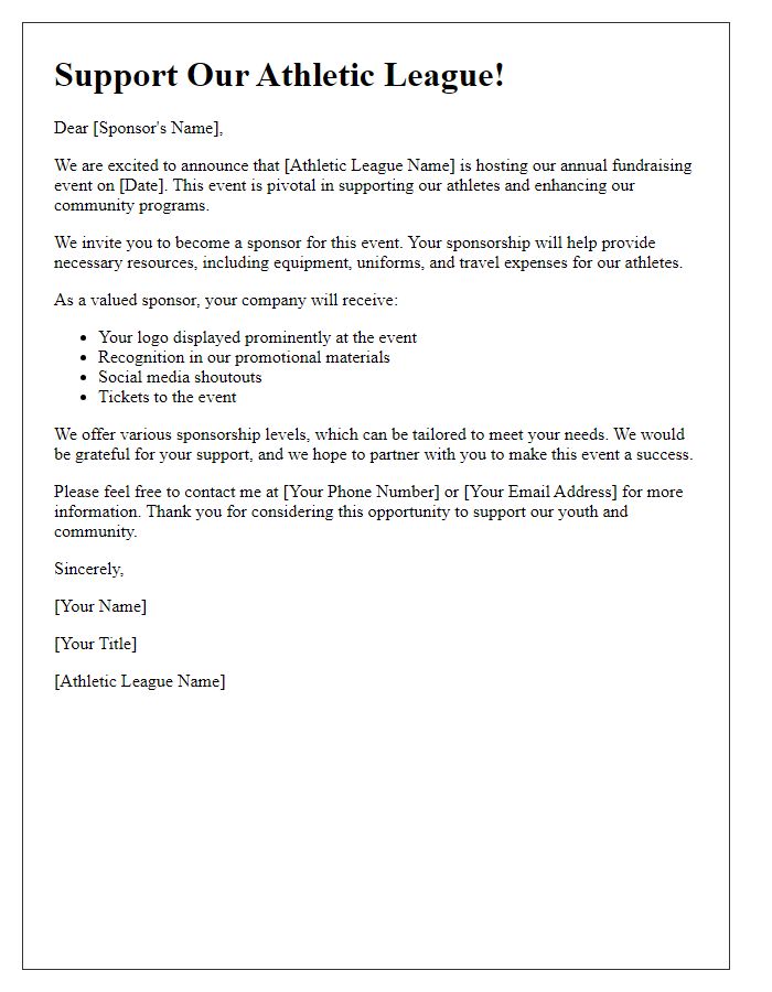 Letter template of sponsorship opportunity for athletic league fundraising.