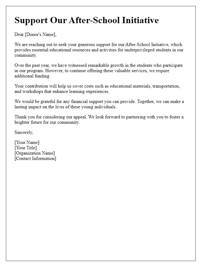 Letter template of after-school initiative financial support appeal