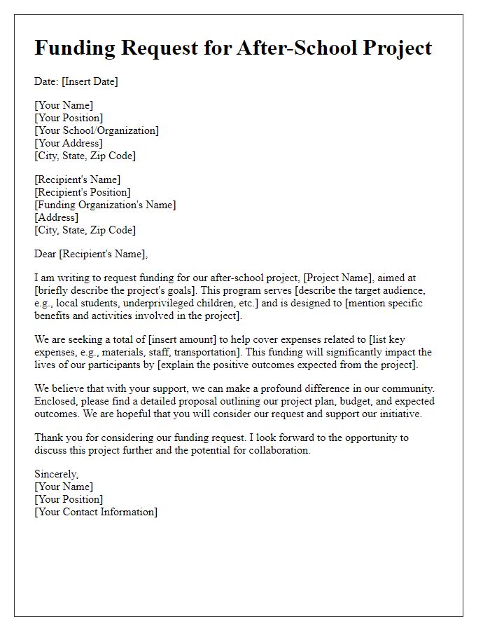 Letter template of after-school project funding request