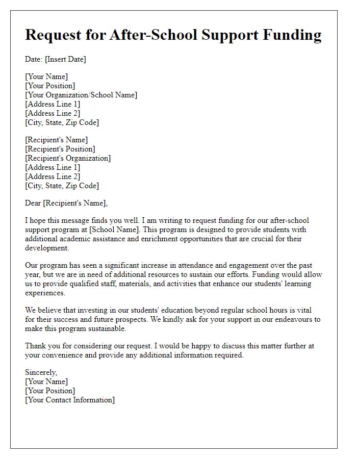 Letter template of after-school support funding plea