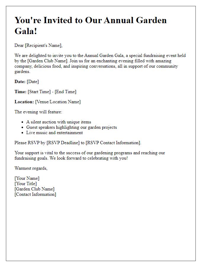 Letter template of annual gala invitation for garden club fundraising