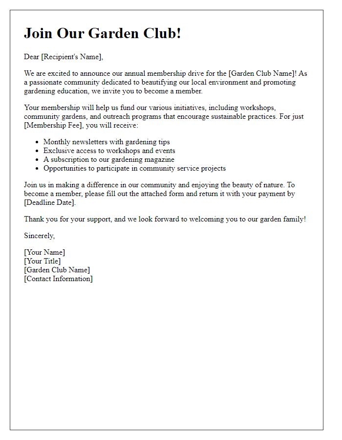 Letter template of membership drive for garden club fundraising