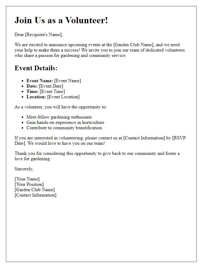 Letter template of volunteer recruitment for garden club events