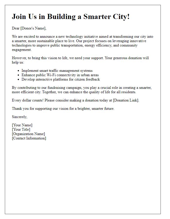 Letter template of a technology initiative fundraising appeal for smart city projects.