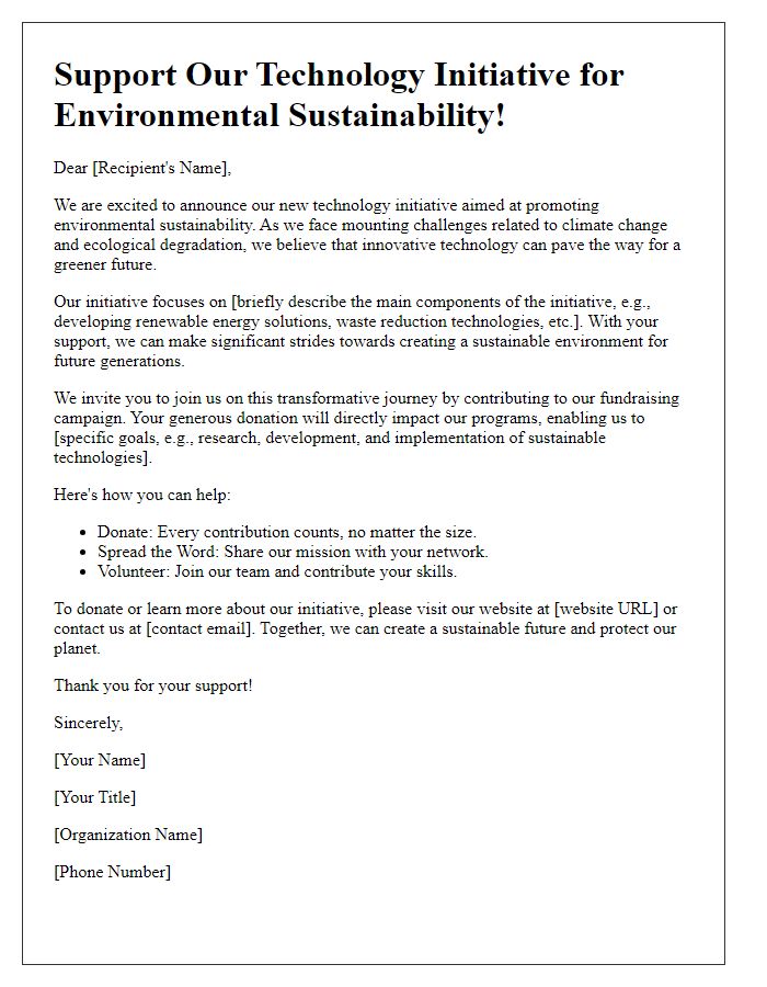 Letter template of a technology initiative fundraising campaign for environmental sustainability.