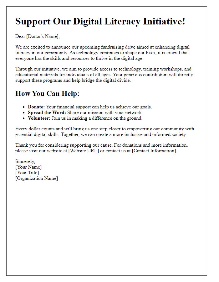 Letter template of a technology initiative fundraising drive for digital literacy programs.