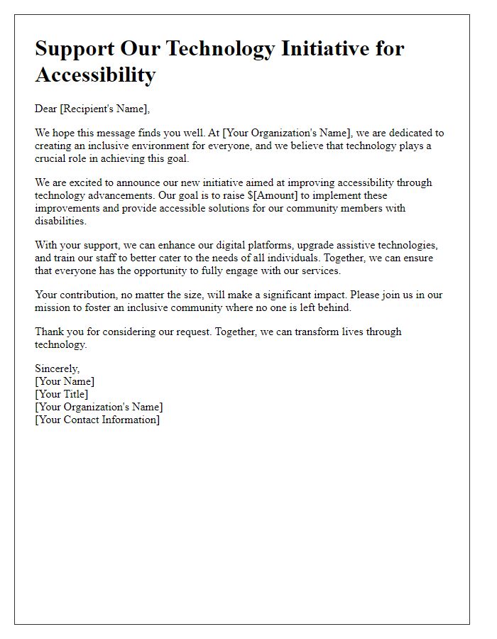 Letter template of a technology initiative fundraising letter for accessibility improvements.