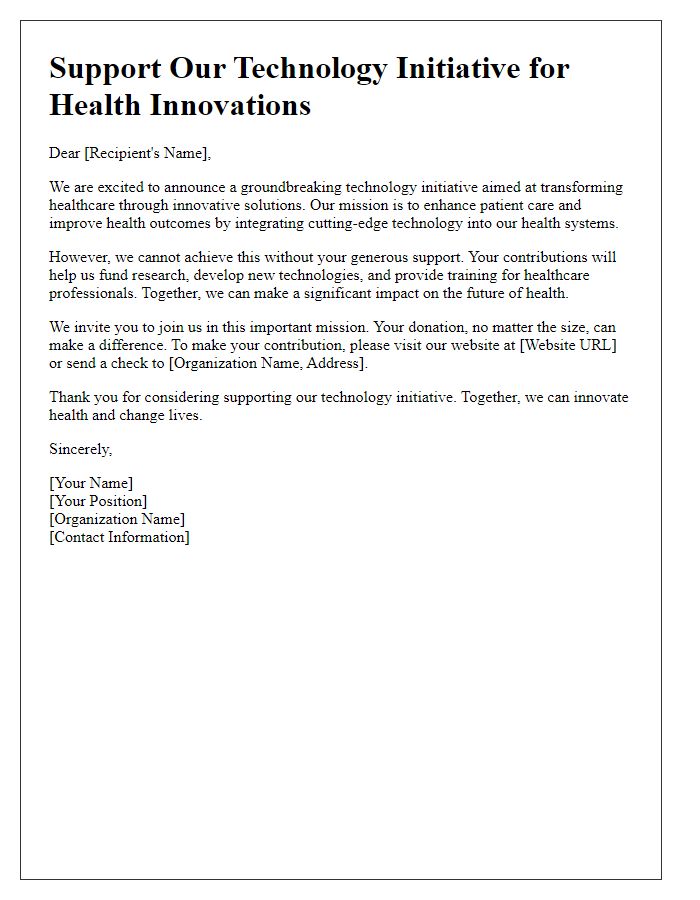 Letter template of a technology initiative fundraising letter for health innovations.