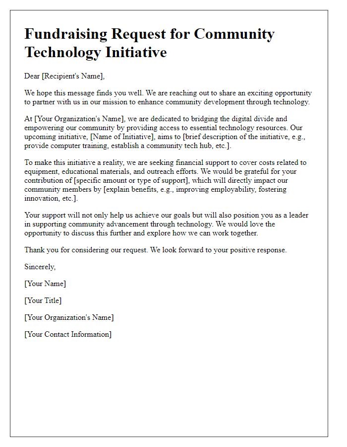 Letter template of a technology initiative fundraising request for community development.