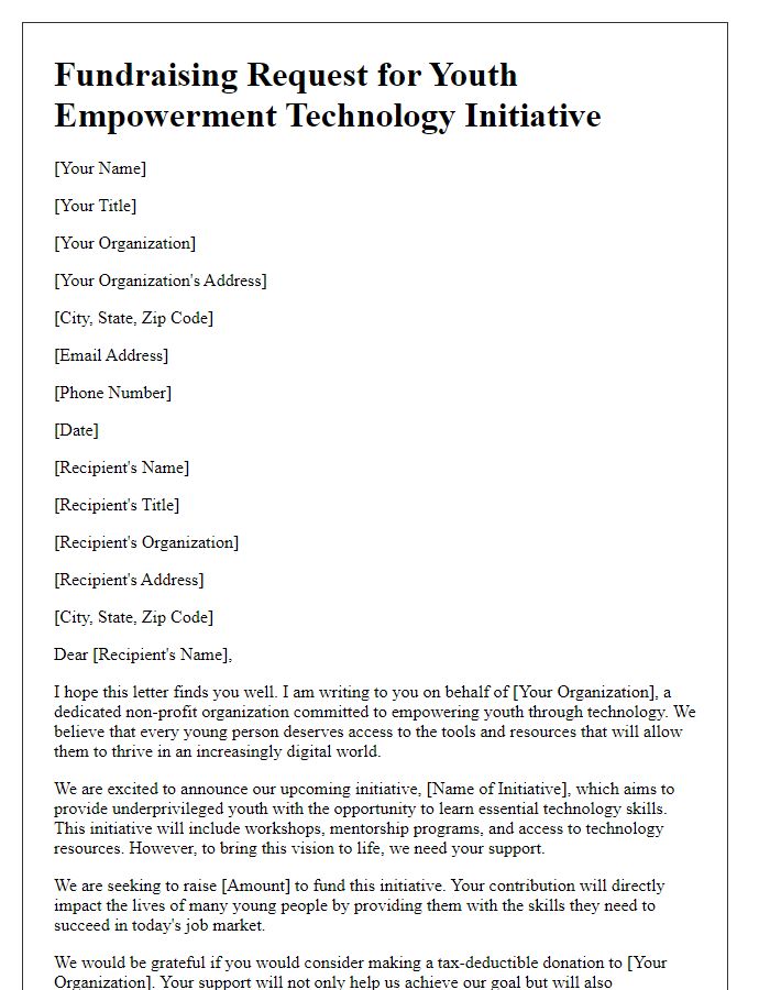 Letter template of a technology initiative fundraising request for youth empowerment.