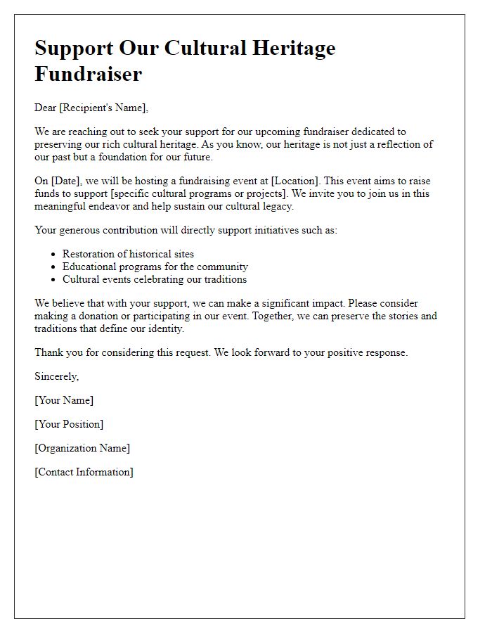 Letter template of cultural heritage fundraiser support appeal