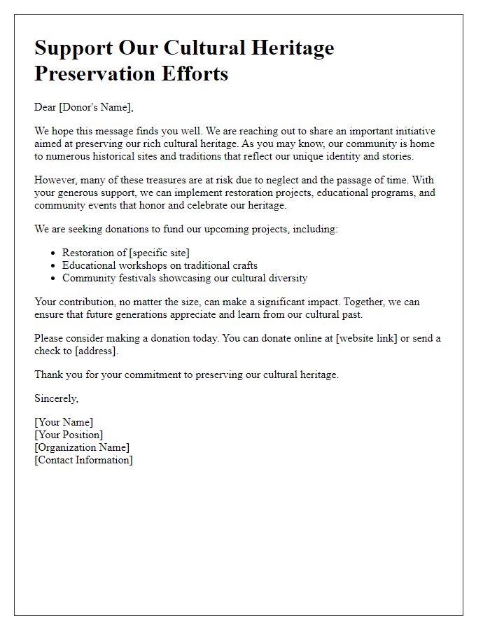 Letter template of cultural heritage preservation donation appeal