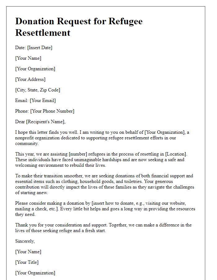 Letter template of donation request for refugee resettlement