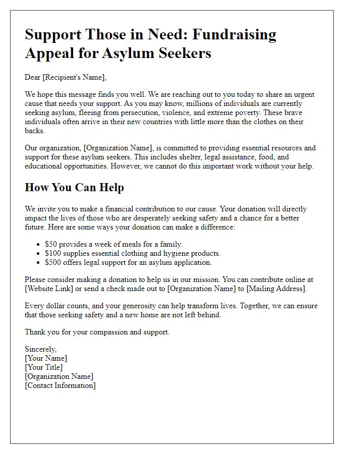 Letter template of fundraising appeal for asylum seekers