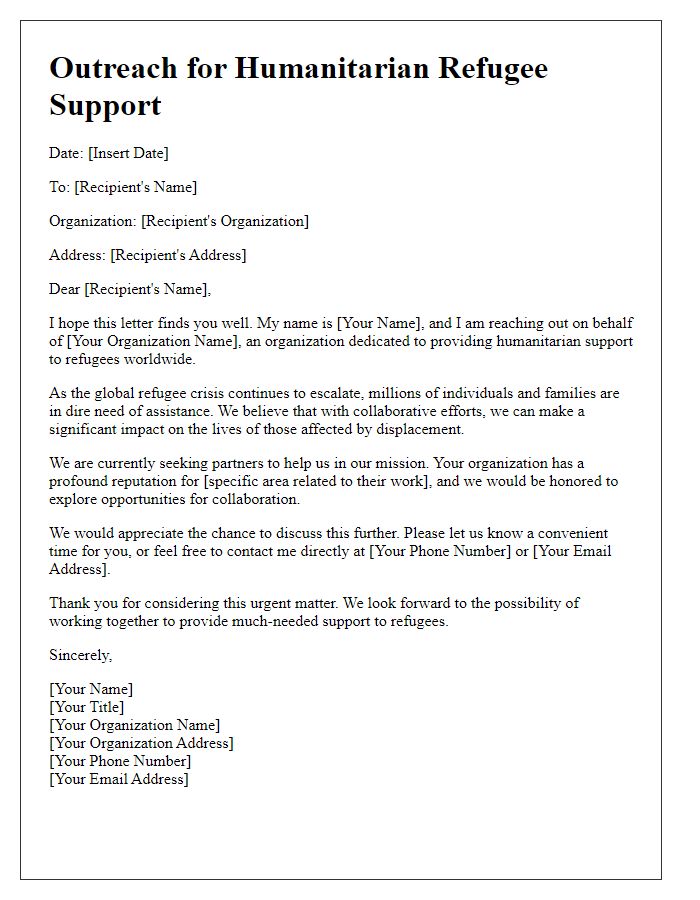 Letter template of outreach for humanitarian refugee support