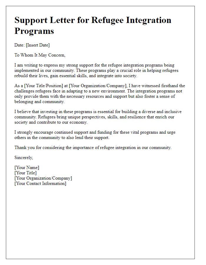 Letter template of support letter for refugee integration programs