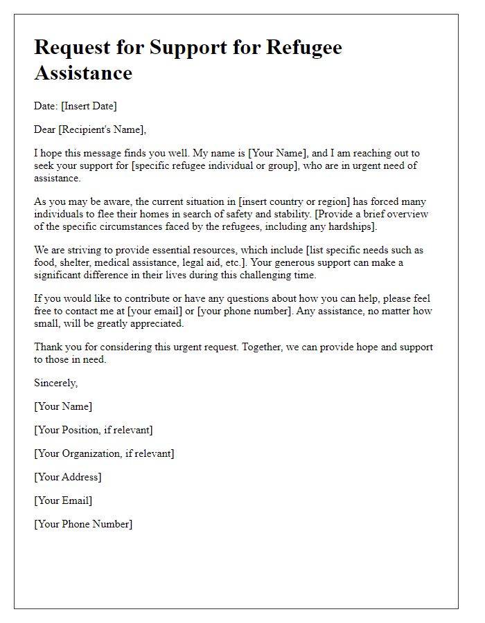 Letter template of support request for refugee assistance