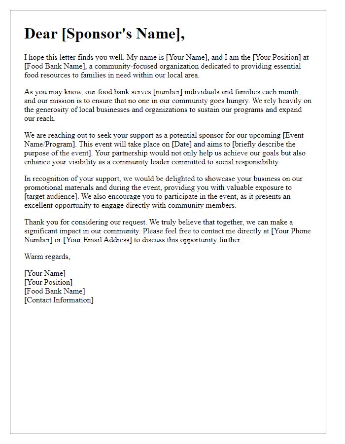 Letter template of a community-focused food bank sponsorship letter