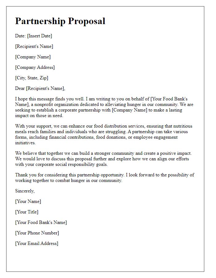 Letter template of a corporate partnership proposal for the food bank