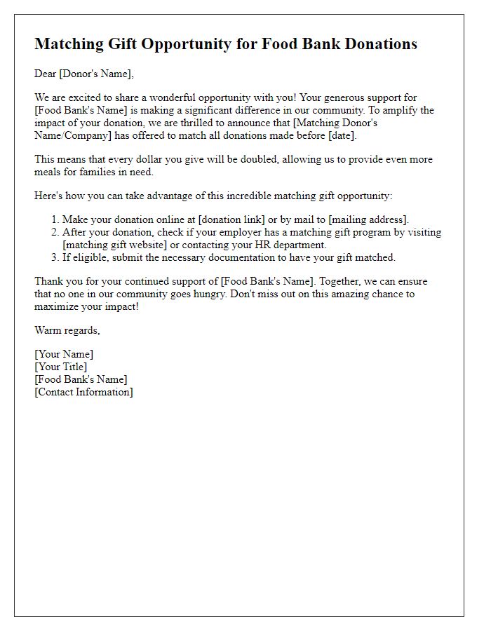 Letter template of a matching gift opportunity for food bank donations