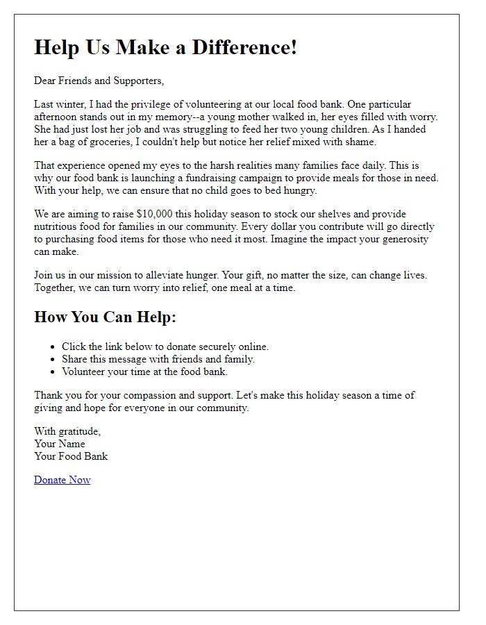 Letter template of a personal story-driven food bank fundraising message