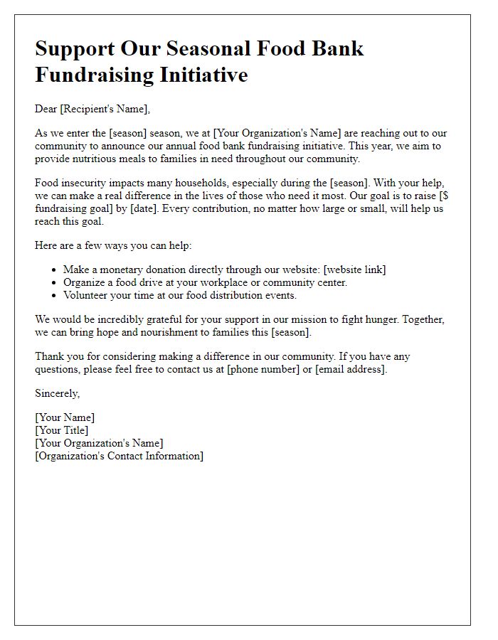 Letter template of a seasonal food bank fundraising initiative