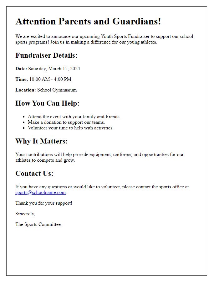 Letter template of youth sports fundraiser notice for school newsletters