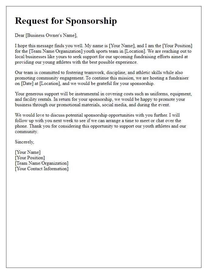 Letter template of youth sports fundraiser request for local business sponsorship