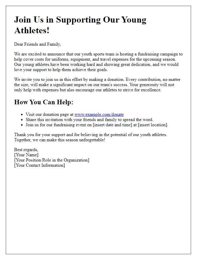 Letter template of youth sports fundraising invitation for online donations