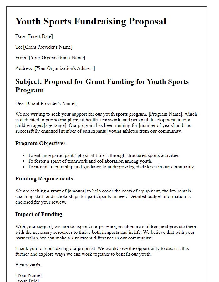 Letter template of youth sports fundraising proposal for grant applications