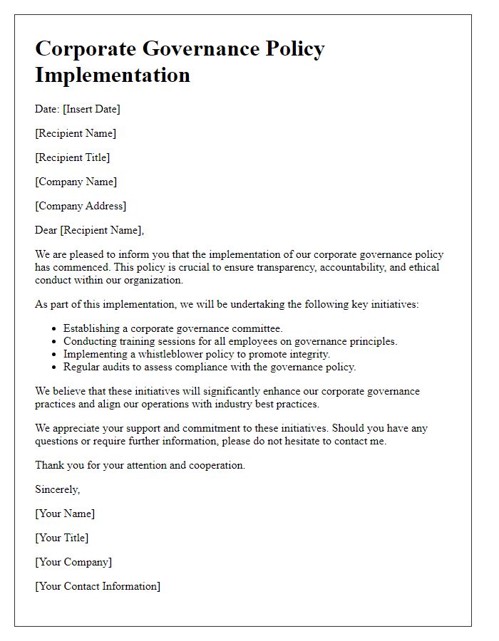 Letter template of corporate governance policy implementation