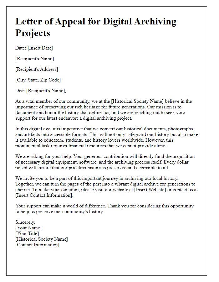 Letter template of a historical society fundraising appeal for digital archiving projects.