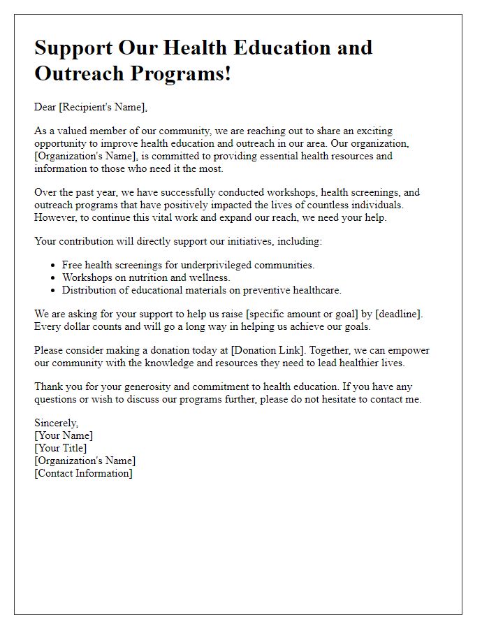 Letter template of health education and outreach fundraising letter