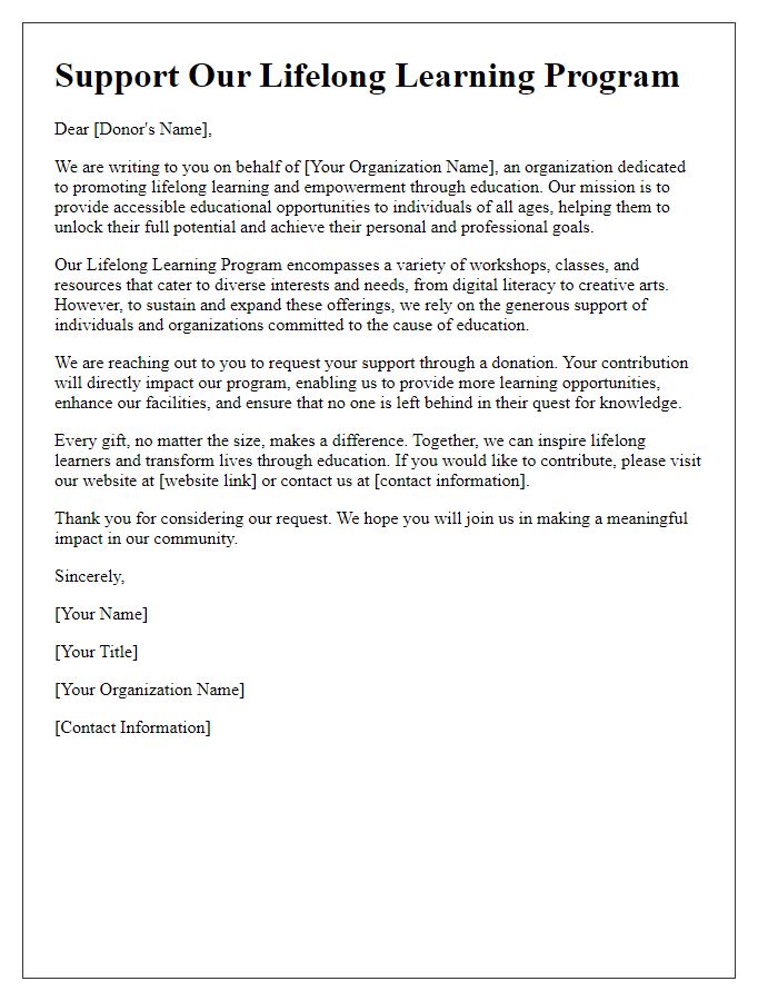 Letter template of appeal for lifelong learning program donations