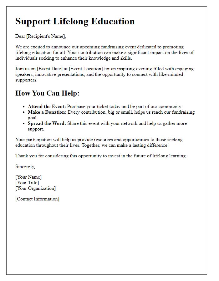 Letter template of call to action for lifelong education fundraising events