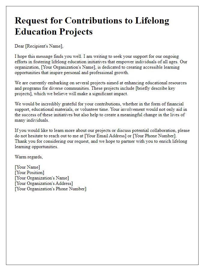 Letter template of request for contributions to lifelong education projects