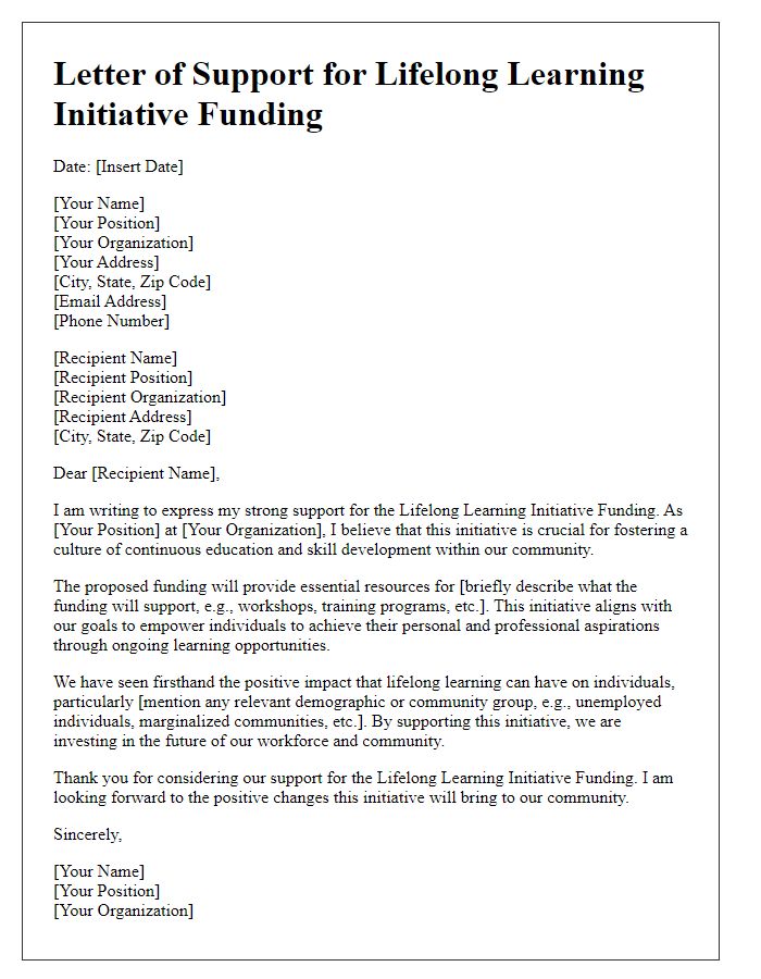 Letter template of support for lifelong learning initiative funding