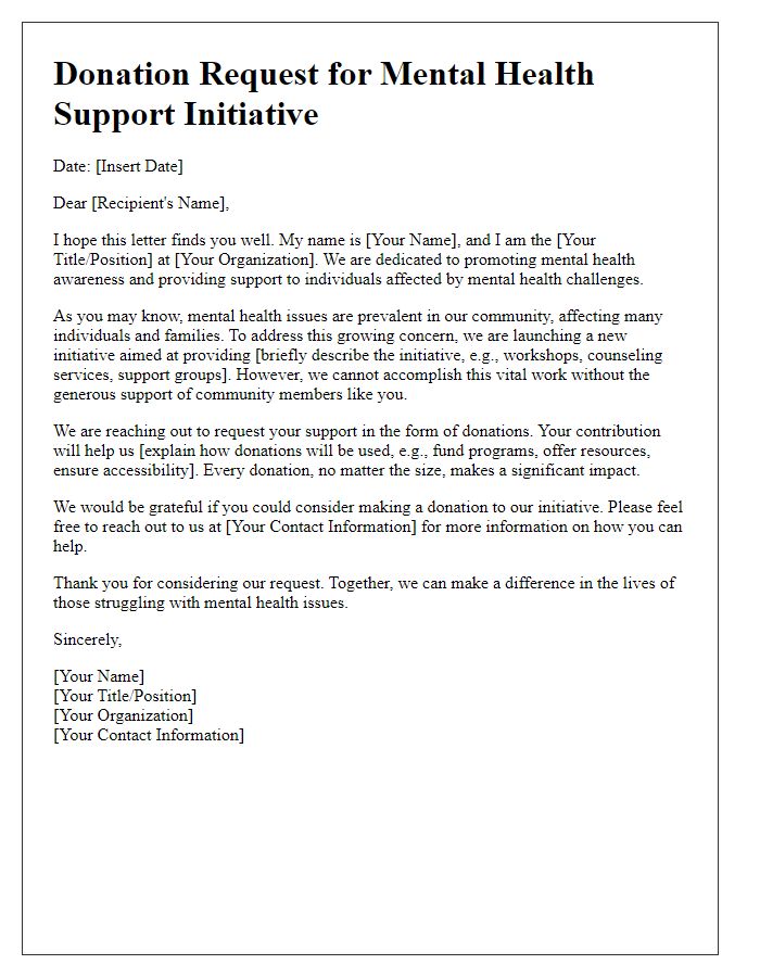 Letter template of donation request for mental health support initiative