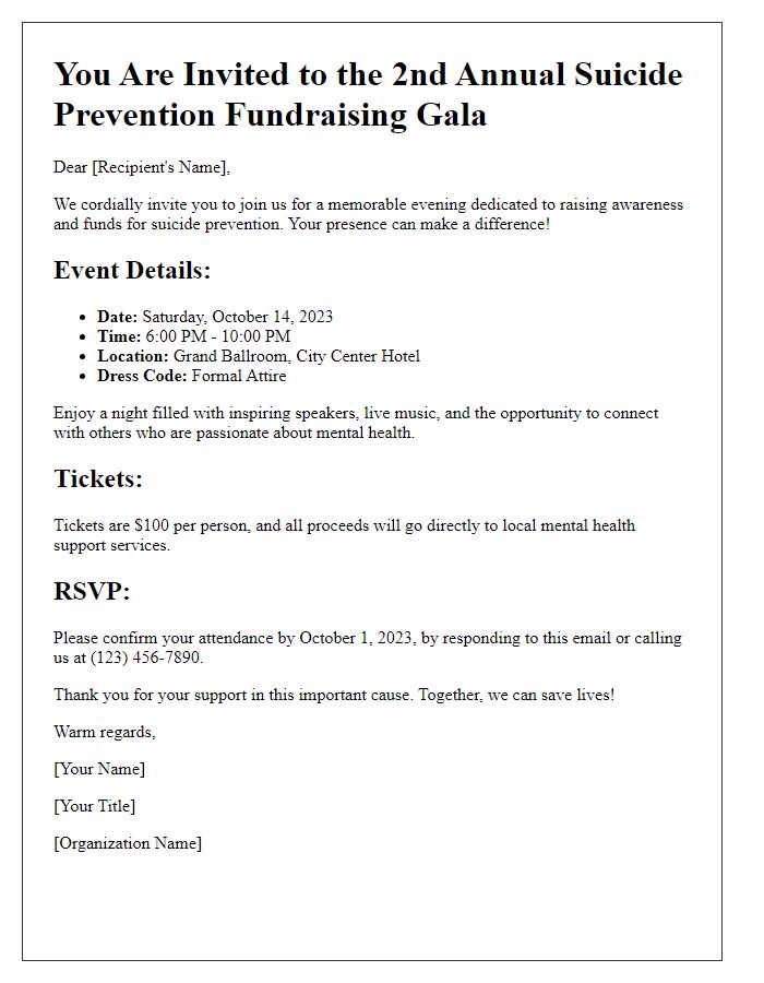 Letter template of event invitation for suicide prevention fundraising gala