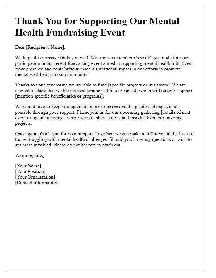 Letter template of follow-up communication post-fundraising event for mental health