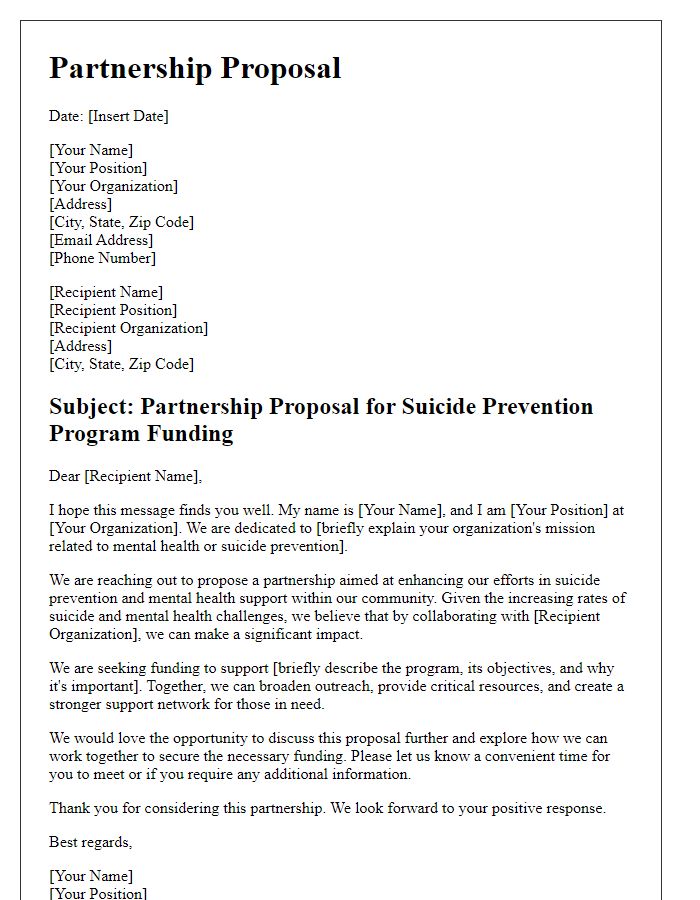 Letter template of partnership proposal for suicide prevention program funding