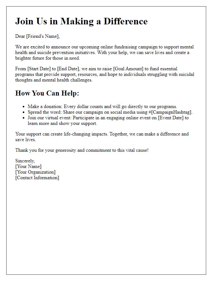 Letter template of promotional message for online suicide prevention fundraising campaign