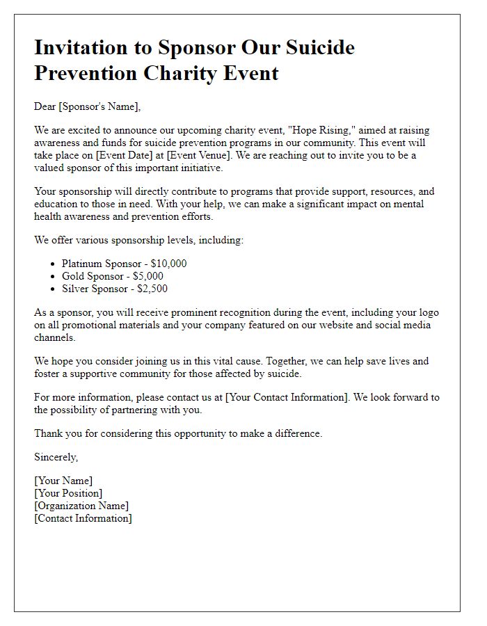 Letter template of sponsorship invitation for suicide prevention charity event