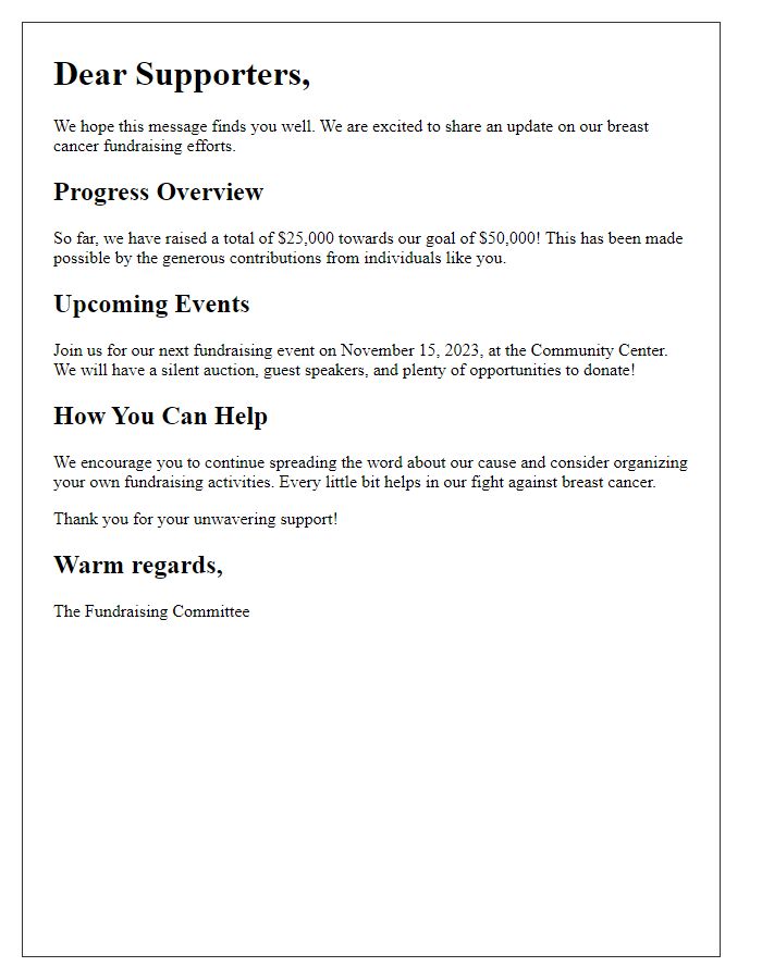 Letter template of update on breast cancer fundraising progress