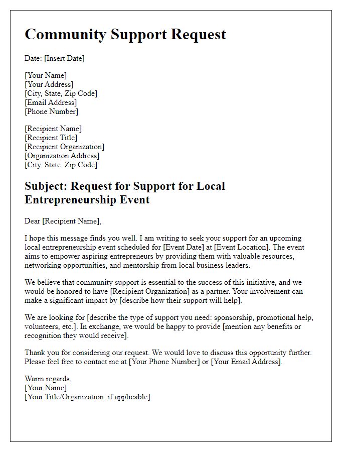 Letter template of community support request for local entrepreneurship event.